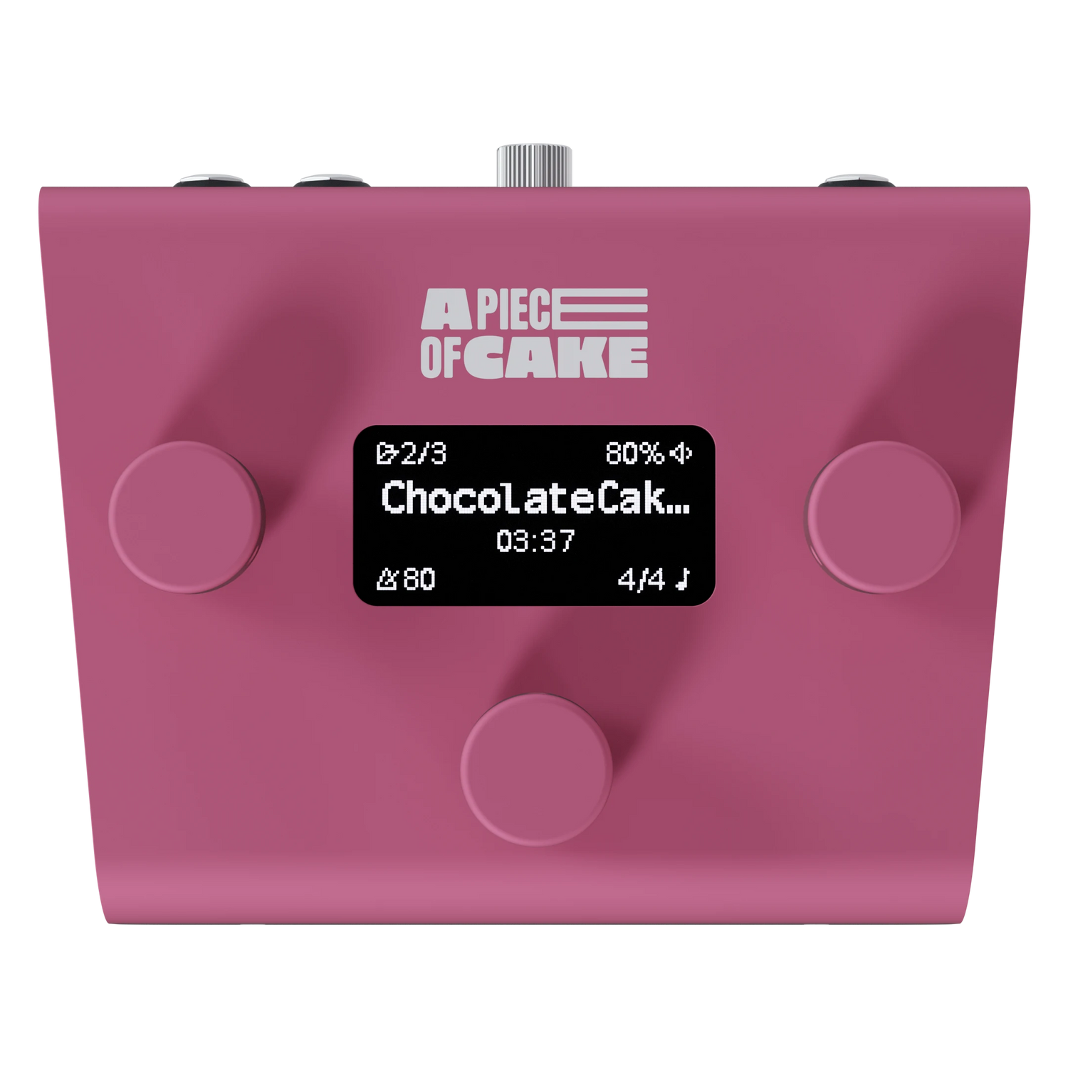 Pink A piece of cake backing track player with a digital display on a white background