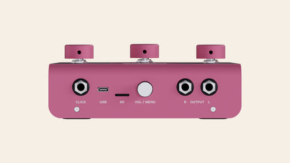 A piece of cake back panel in pink: click output, USB-C, SD card slot, volume and menu knob, stereo outputs