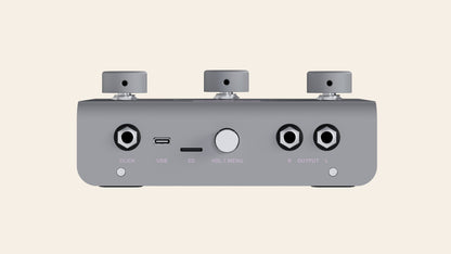 A piece of cake back panel: click output, USB-C, SD card slot, volume and menu knob, stereo outputs
