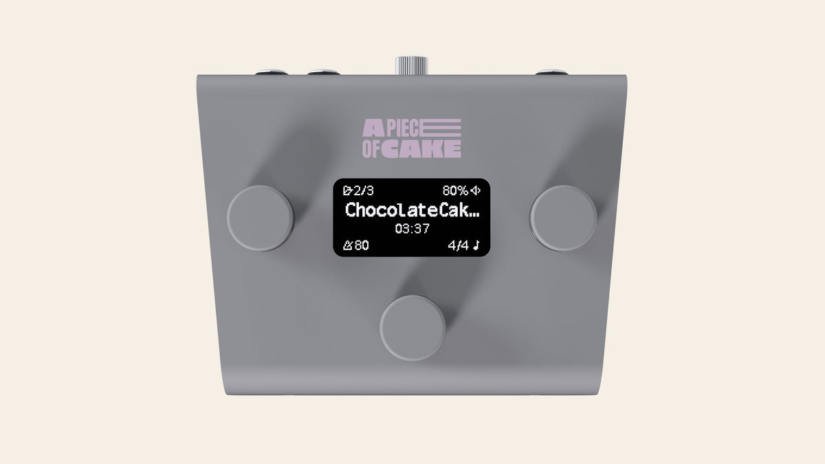 A piece of cake backing track player in silver, front view