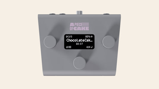 A piece of cake backing track player in silver, front view