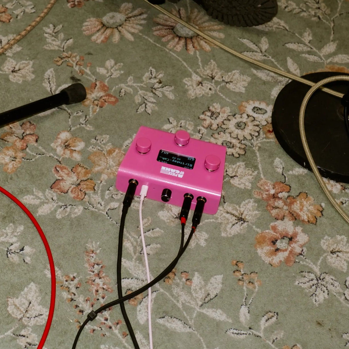 A piece of cake backing track player on a floral-patterned carpet