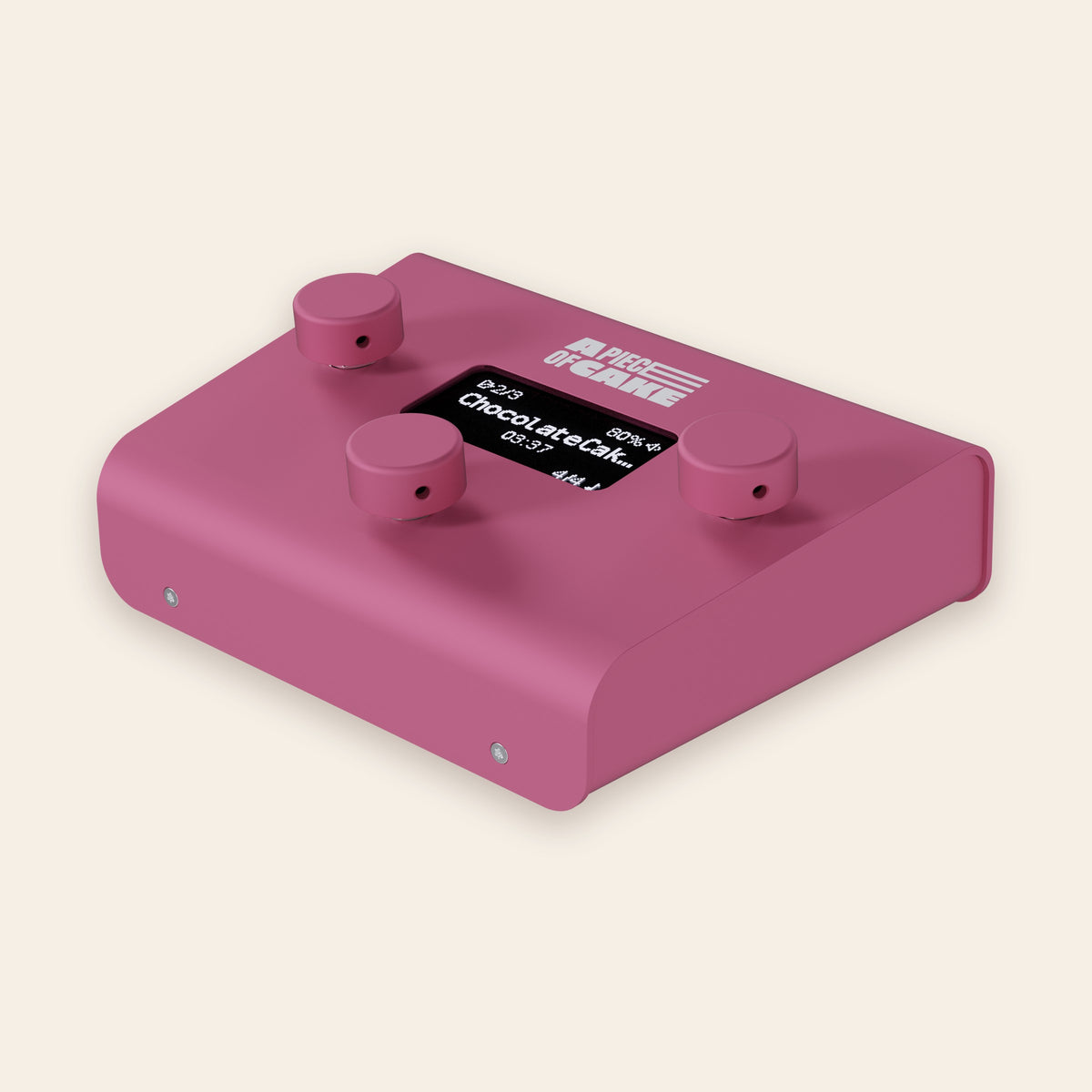 A piece of cake backing track player in pink, angled view