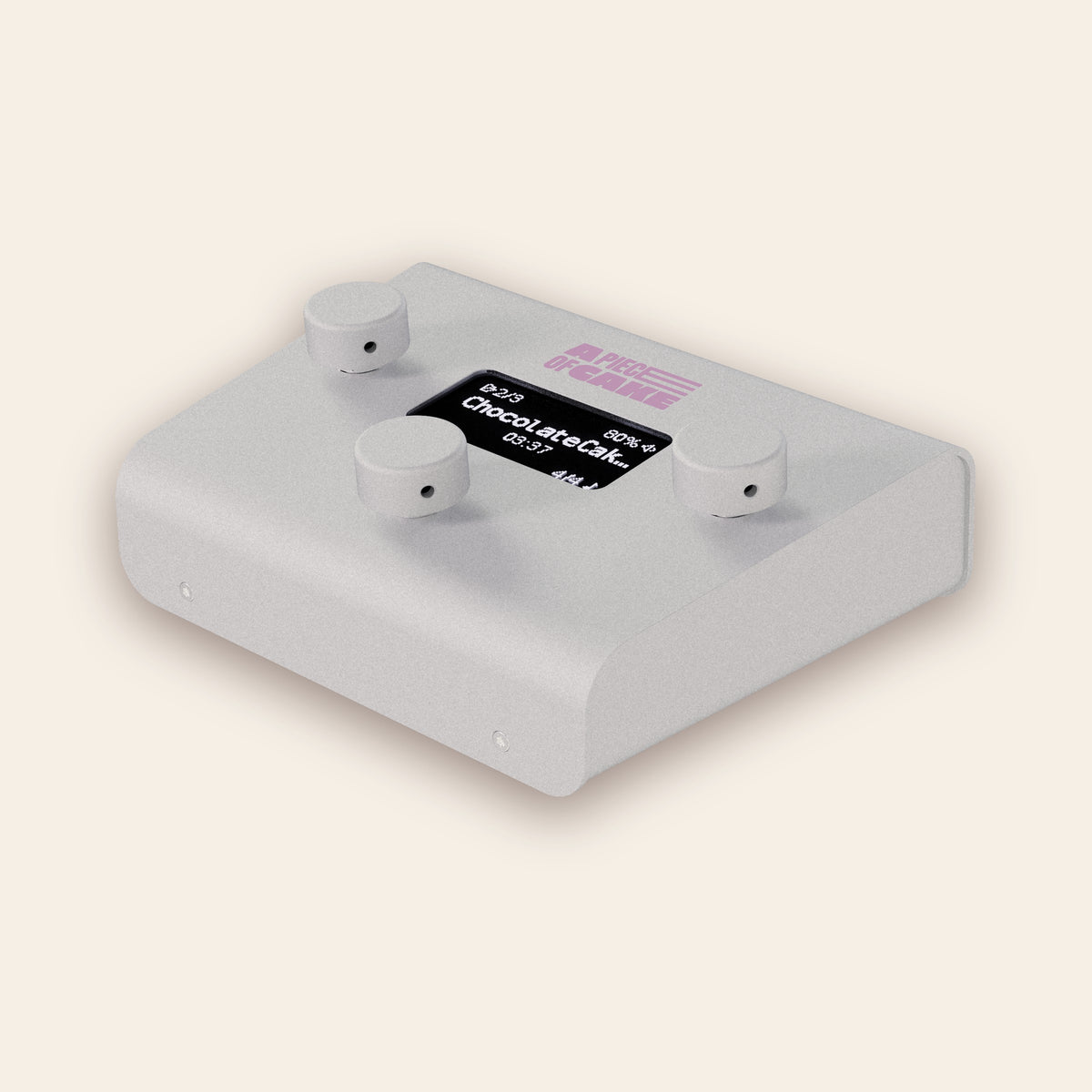 A piece of cake backing track player in silver, angled view