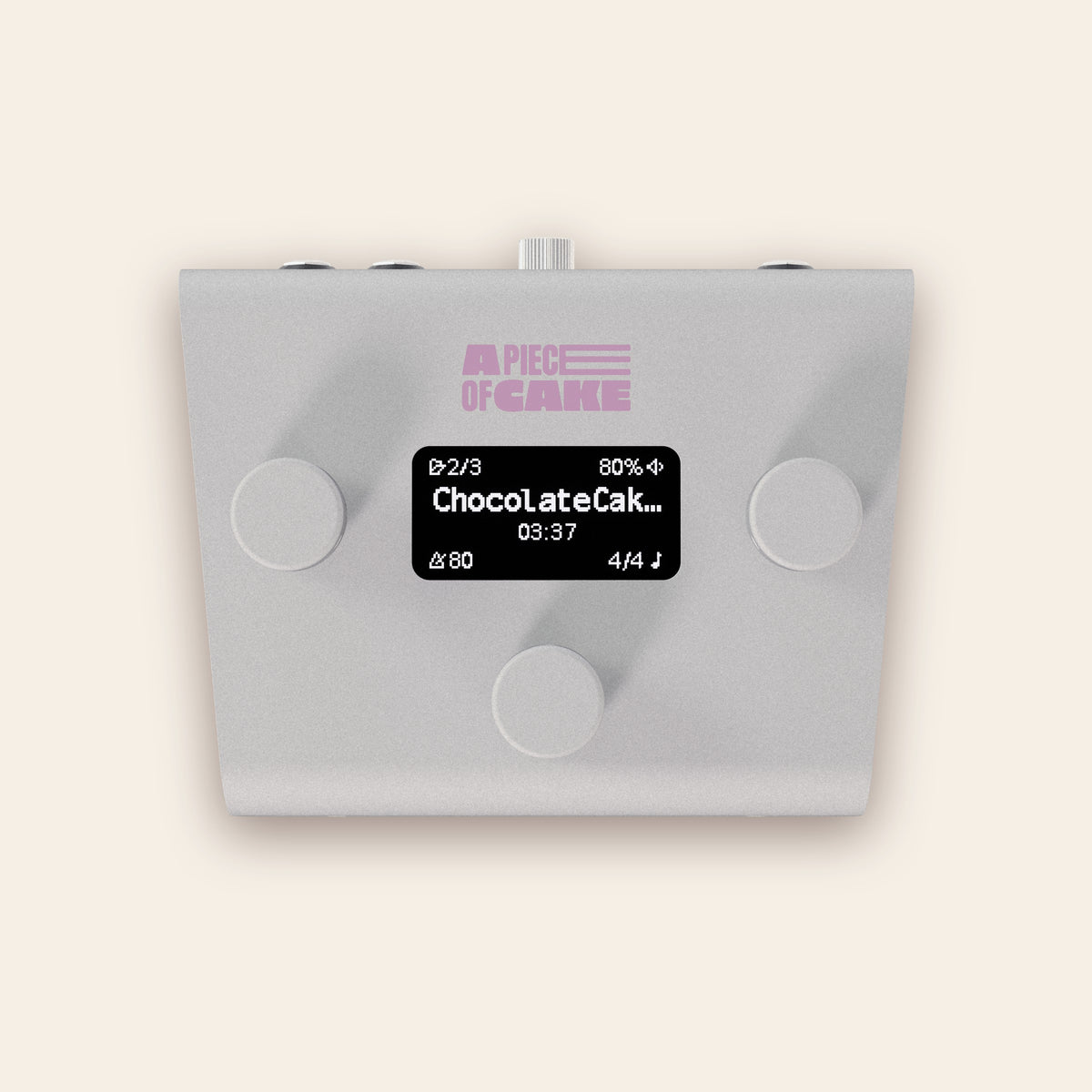 A piece of cake backing track player in silver, front view