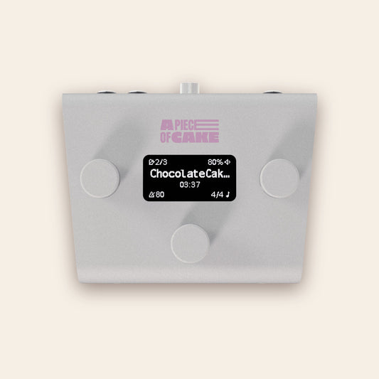 A piece of cake backing track player in silver, front view
